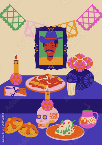 Ilustración de ofrenda altar mexicano en día de muertos. Calaveras, flor cempasúchil, papel picado, comida, enchiladas, incienso, pan de muerto, fotografías, vela, s y jarrones Oaxaca. Decoración.