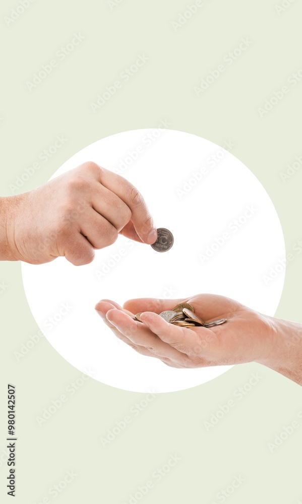 Vertical creative collage of hands hold gold coins Vertical creative collage of hands hold gold coins