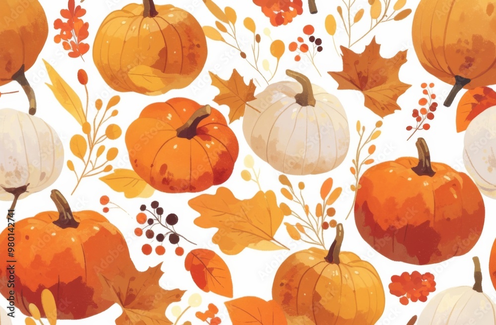 Charming Pattern of Cute Pumpkins and Leaves on a White Background, Perfect for Fall Decor and Seasonal Designs. Charming Pattern of Cute Pumpkins and Leaves on a White Background, Perfect for Fall Decor and Seasonal Designs.