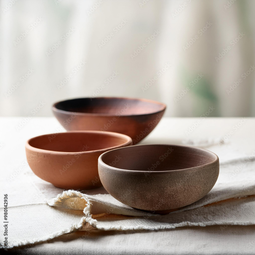 handmade ceramics, empty craft ceramic bowls on light background handmade ceramics, empty craft ceramic bowls on light background
