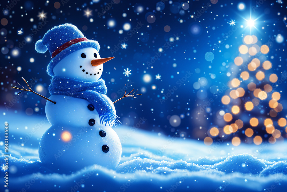 Festive winter scene with a snowman standing in the foreground, wearing a blue scarf and hat, looking towards a Christmas tree adorned with lights in the background under a starry night sky. Festive winter scene with a snowman standing in the foreground, wearing a blue scarf and hat, looking towards a Christmas tree adorned with lights in the background under a starry night sky.