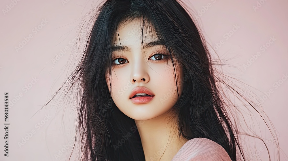 A captivating portrait of a young woman with flowing hair against a soft pink background, showcasing natural beauty and elegance. A captivating portrait of a young woman with flowing hair against a soft pink background, showcasing natural beauty and elegance.