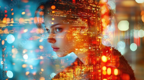 A captivating portrait of a woman with a vibrant cityscape overlay, symbolizing innovation and urban lifestyle.