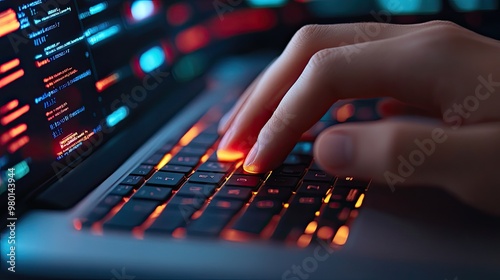 A close-up of a hand typing on a backlit keyboard, with glowing code on the screen, representing technology and programming. photo