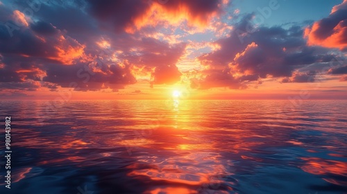 A vibrant sunset over calm ocean waters, reflecting colorful clouds.