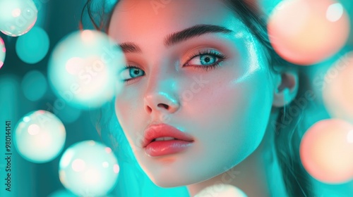 A close-up portrait of a young woman with striking features and vivid colors, surrounded by dreamy circular lights.