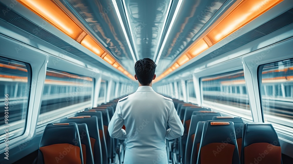 A confident train conductor stands in a modern, empty train carriage, showcasing advanced transportation technology and design. A confident train conductor stands in a modern, empty train carriage, showcasing advanced transportation technology and design.