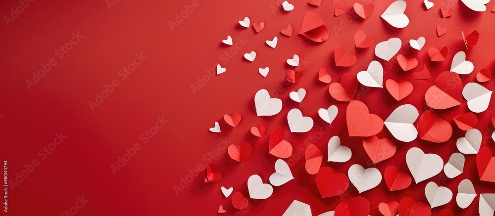 Paper Hearts On Red Background Valentine S Day Celebration