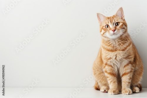 A curious ginger cat sitting against a plain background, showcasing its playful and charming expression.