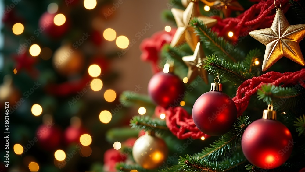 A decorated Christmas tree with red and gold ornaments, lit with warm lights A decorated Christmas tree with red and gold ornaments, lit with warm lights