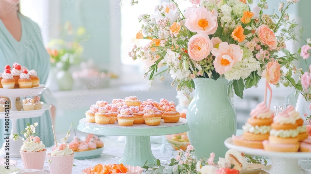 A delightful array of cupcakes and floral arrangements in soft pastel colors, perfect for celebrations and gatherings. A delightful array of cupcakes and floral arrangements in soft pastel colors, perfect for celebrations and gatherings.