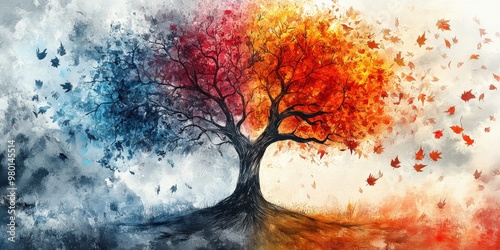 Watercolor Tree Showing Four Seasons in One Illustration