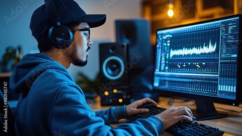 A focused individual working on music production with headphones in a modern studio, analyzing audio on a computer screen.