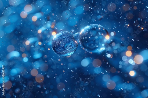 Scientific background featuring hydrogen molecules  h2 atoms in liquid on a blue texture design photo