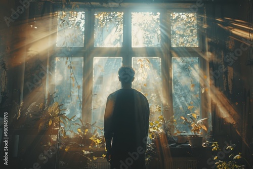 Sunlit Silhouette: Man Standing in Room with Large Window and Beaming Sun Rays