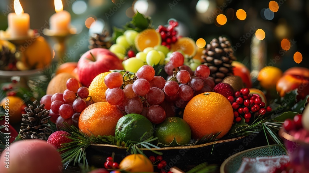 A close up of a bowl filled with fruit and candles. A close up of a bowl filled with fruit and candles.