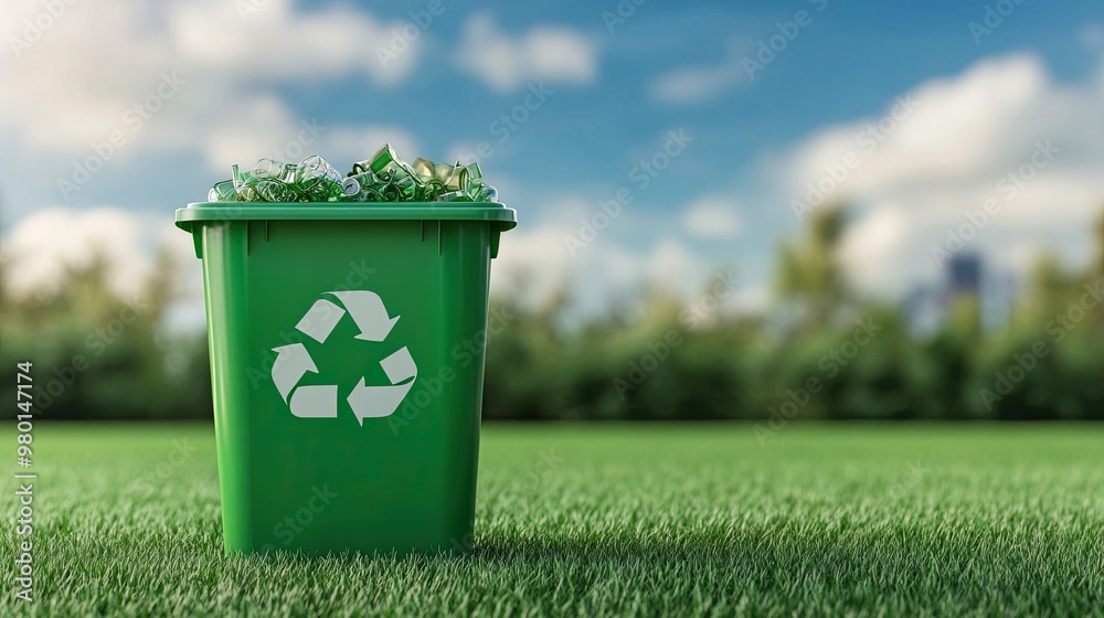 A green recycling bin placed on a grassy field, promoting environmental sustainability and waste management. A green recycling bin placed on a grassy field, promoting environmental sustainability and waste management.