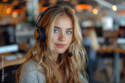 Blonde secretary wearing headphones and using microphone while typing at her office desk