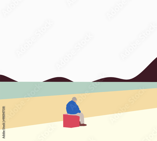 Old man sitting and looking sea view with mountain. enjoying  living the moment Summer vacation.