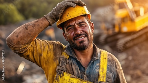 A hardworking construction worker smiles while wearing a yellow helmet and dirty overalls on a job site. photo