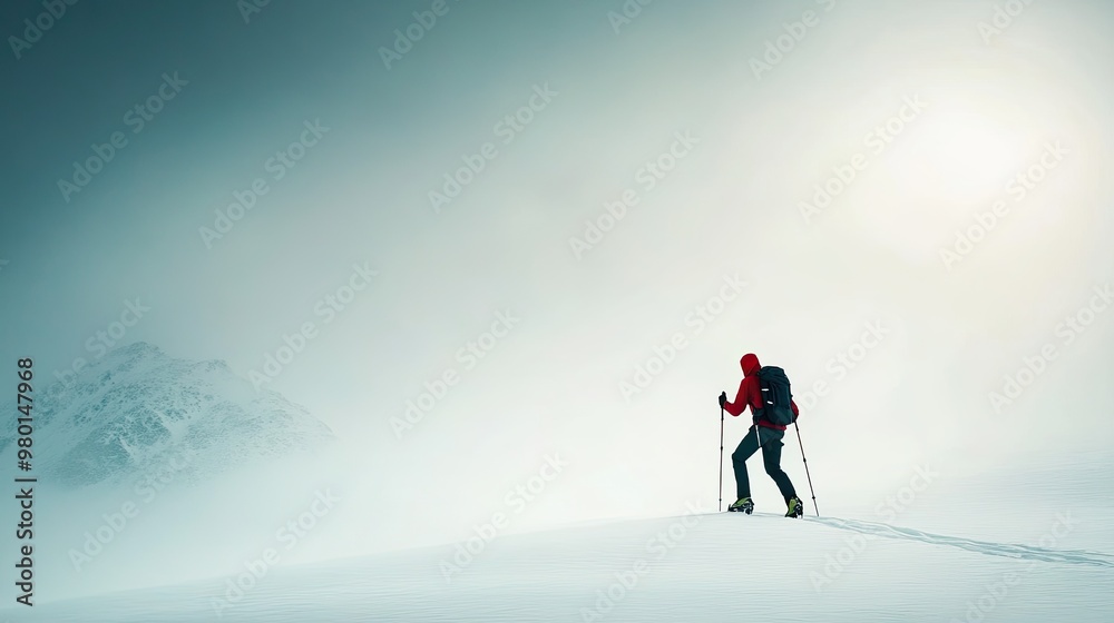 A lone skier navigates through a misty, snowy landscape, embodying adventure and resilience in an awe-inspiring winter scene. A lone skier navigates through a misty, snowy landscape, embodying adventure and resilience in an awe-inspiring winter scene.