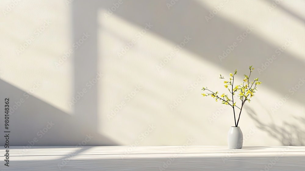 A minimalist vase holding delicate branches casts soft shadows in bright, serene space, adding a subtle touch of elegance. A minimalist vase holding delicate branches casts soft shadows in bright, serene space, adding a subtle touch of elegance.
