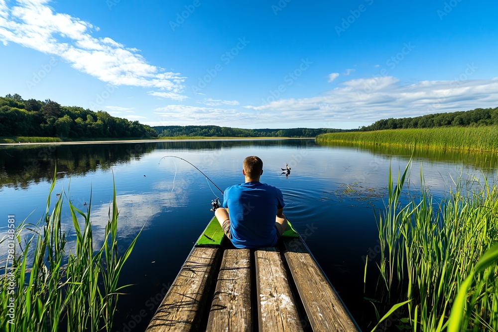 A peaceful morning at the Kaunas Reservoir, with fishermen casting their lines and the sound of birds in the distance A peaceful morning at the Kaunas Reservoir, with fishermen casting their lines and the sound of birds in the distance