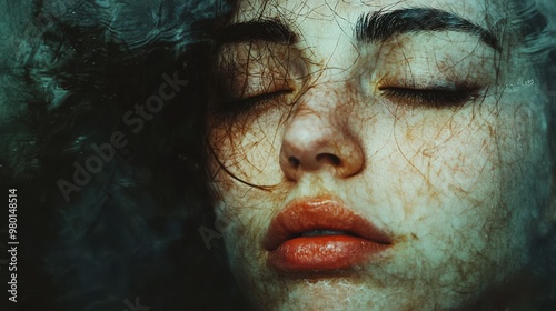 Distorted abstract portrait of a woman, her face melting into soft lines and shadows, conveying deep sorrow and vulnerability, with dark tones emphasizing her emotional weight. realistic photo