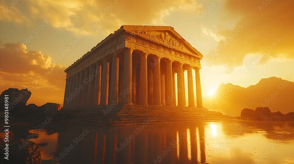 Obraz premium Majestic Doric columns and intricate pediments of a Greek temple at sundown