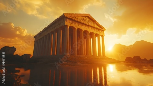 Majestic Doric columns and intricate pediments of a Greek temple at sundown photo