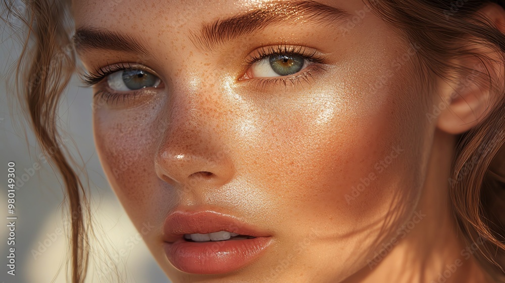 Fototapeta premium Close-up portrait of a young woman with freckles and natural makeup.