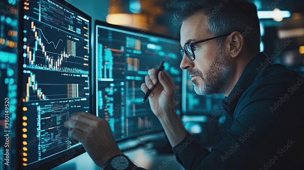 A professional analyzing financial data on multiple screens, showcasing concentration and modern technology in a dimly lit environment. A professional analyzing financial data on multiple screens, showcasing concentration and modern technology in a dimly lit environment.