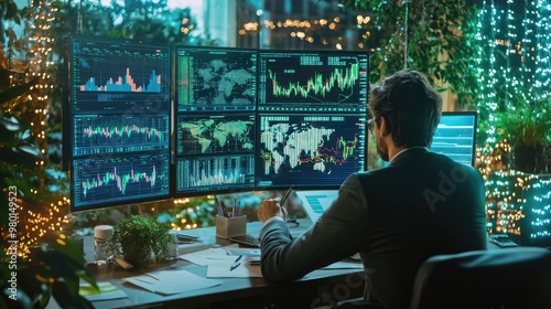 A professional analyzing financial data on multiple screens in a modern office environment, surrounded by greenery and vibrant lights.