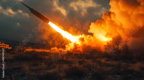 A dramatic image capturing a rocket launch with explosive flames and smoke against a darkening sky.