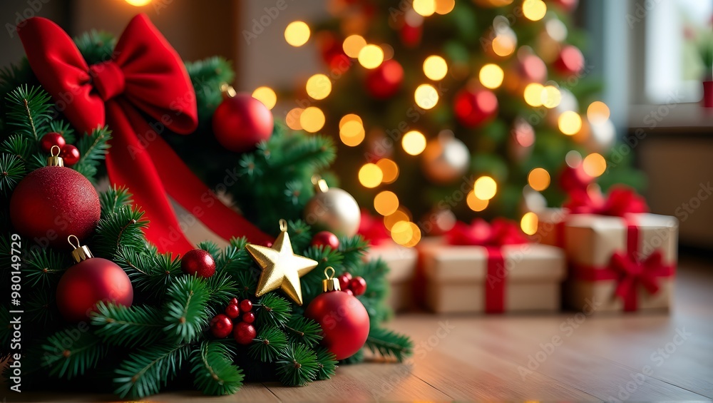 A Christmas wreath with ornaments and a red bow, set against a festive backdrop with gifts and a tree