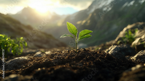 Young Seedling in Soil with Sunlight and Mountain Landscape in the Background