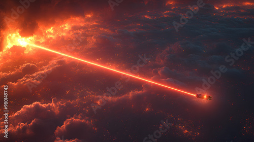 A dramatic view of a laser beam cutting through ominous clouds, radiating intense red light against a fiery backdrop. photo