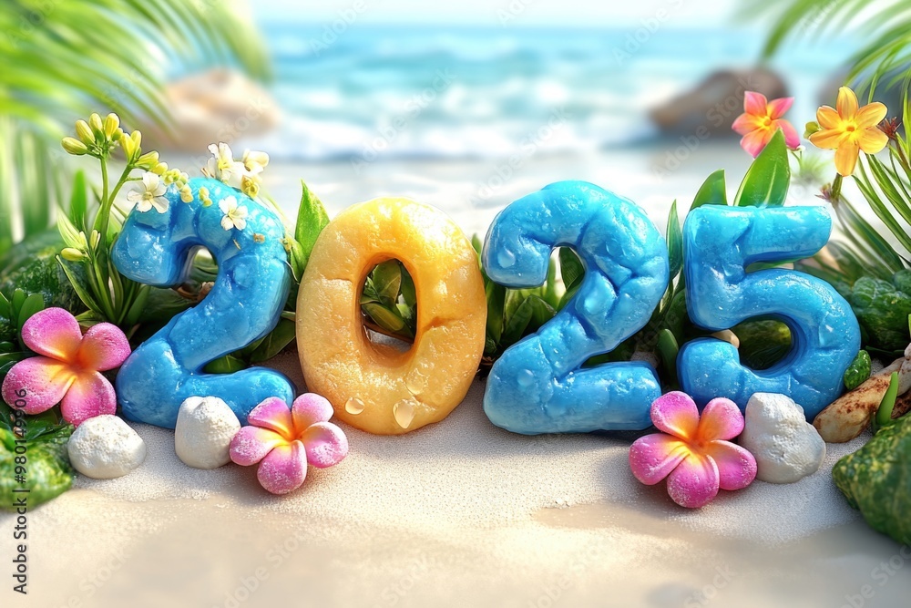 Fototapeta premium Tropical beach scene with vibrant 2025 ice sculpture and flowers. AI