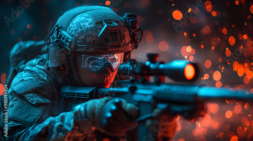 A focused soldier aiming a rifle in a dramatic, fiery environment, showcasing military precision and intense action. photo