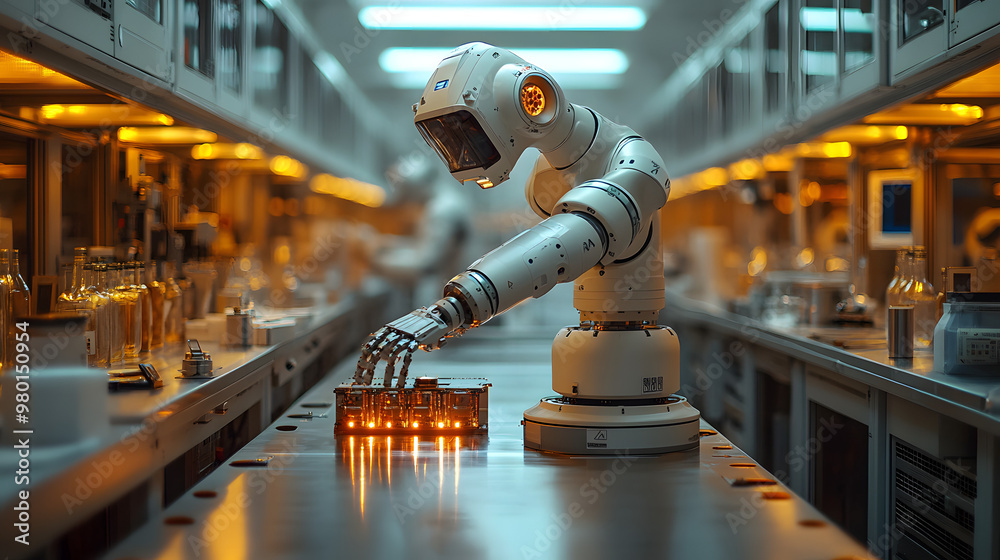 A robotic arm operates in a modern laboratory, showcasing advanced automation technology and innovation in scientific research. A robotic arm operates in a modern laboratory, showcasing advanced automation technology and innovation in scientific research.