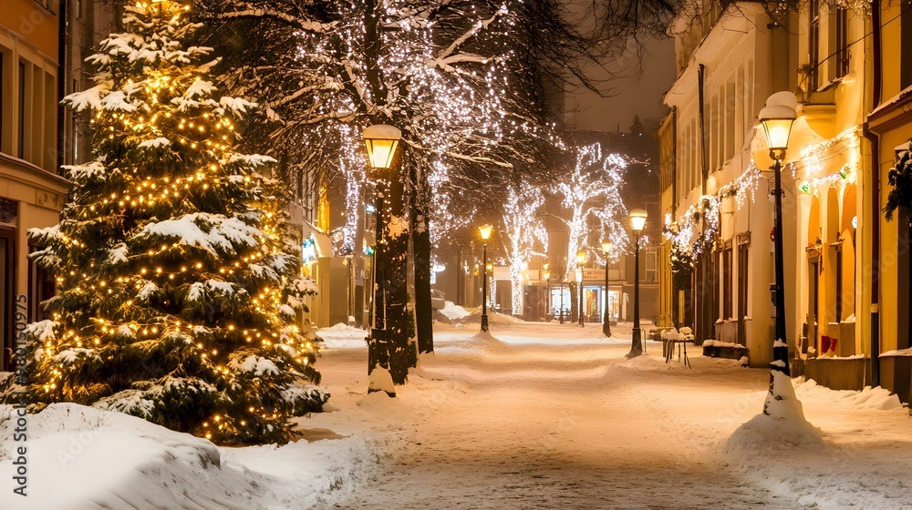 Christmas lights illuminating a snowy street at night, creating a warm and cold contrast with festive decorations and a peaceful winter atmosphere, evoking holiday cheer and seasonal celebration Christmas lights illuminating a snowy street at night, creating a warm and cold contrast with festive decorations and a peaceful winter atmosphere, evoking holiday cheer and seasonal celebration