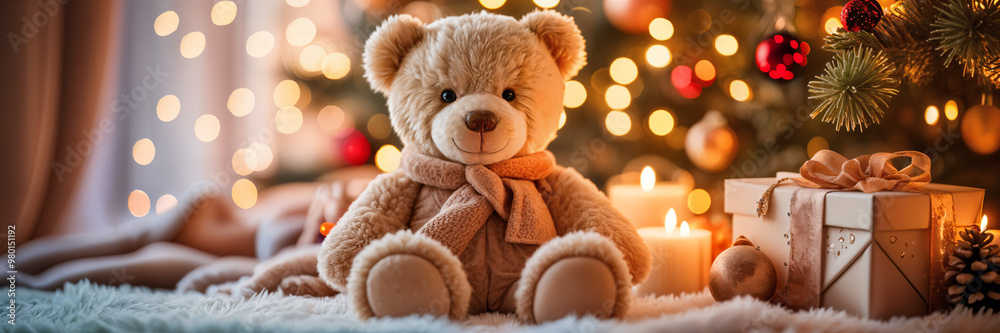 Cozy Christmas scene with a teddy bear wearing a scarf sitting on a blanket, surrounded by festive decorations such as lights and presents. Cozy Christmas scene with a teddy bear wearing a scarf sitting on a blanket, surrounded by festive decorations such as lights and presents.