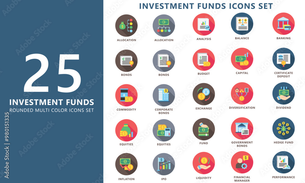 Investment Funds rounded multi color icon set, contain exchange, money, budget, bonds, allocation, market and more. vector EPS 10. use for UI, UX, app and web development, financial, business theme. Investment Funds rounded multi color icon set, contain exchange, money, budget, bonds, allocation, market and more. vector EPS 10. use for UI, UX, app and web development, financial, business theme.