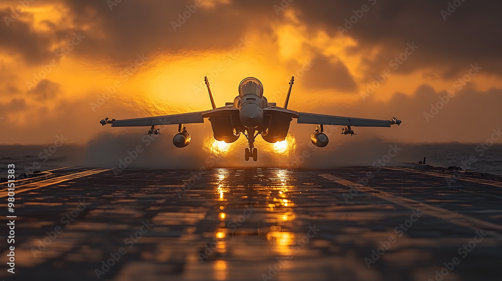 A striking image of a fighter jet taking off from an aircraft carrier against a stunning sunset, showcasing power and speed. A striking image of a fighter jet taking off from an aircraft carrier against a stunning sunset, showcasing power and speed.