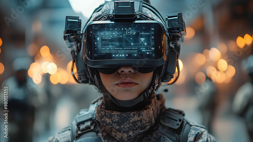 A soldier wearing advanced VR technology, showcasing the future of military training and warfare in a high-tech environment.