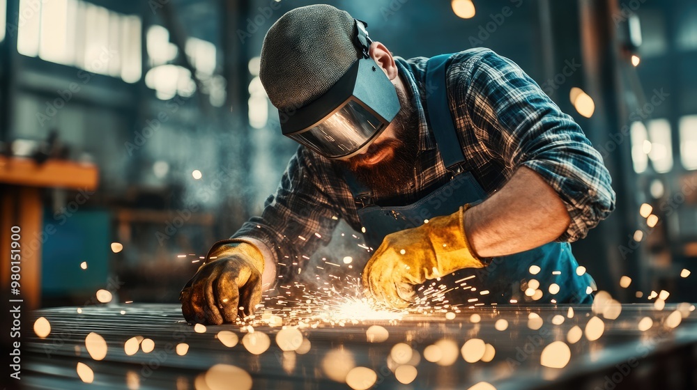 A skilled welder works diligently, creating sparks in a workshop, showcasing craftsmanship and dedication to metalwork. A skilled welder works diligently, creating sparks in a workshop, showcasing craftsmanship and dedication to metalwork.