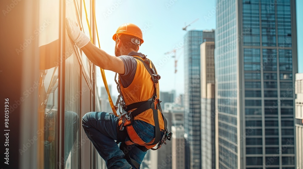 A skilled window cleaner uses safety gear while working on a tall building under a bright sky, showcasing urban service and dedication. A skilled window cleaner uses safety gear while working on a tall building under a bright sky, showcasing urban service and dedication.