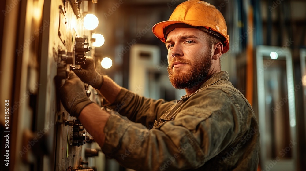 A skilled worker in a hard hat operating machinery, showcasing expertise in a professional industrial environment. A skilled worker in a hard hat operating machinery, showcasing expertise in a professional industrial environment.