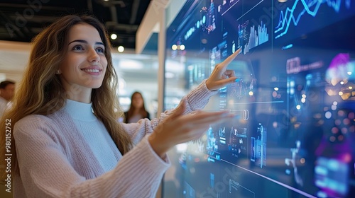 A smiling woman engages with a digital display, exploring data and technology at a modern exhibition or conference.