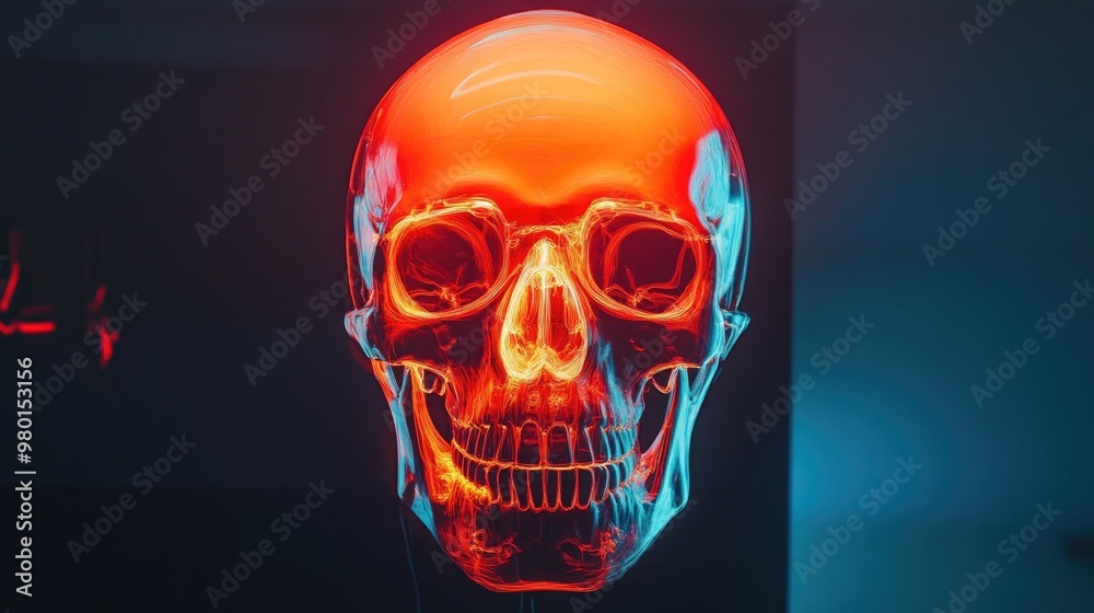 A striking neon skull illuminated in vibrant red and blue tones, perfect for artistic or medical themes. A striking neon skull illuminated in vibrant red and blue tones, perfect for artistic or medical themes.